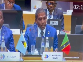 St. Kitts-Nevis Prime Minister Dr. Terrance Drew addressing EU-CELAC summit in Brussels (CMC Photo)