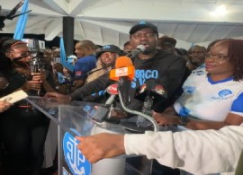 TPP leader addressing supporters after the party swept the Tobago House of Assembly (THA) elections on Monday (CMC Photo)
