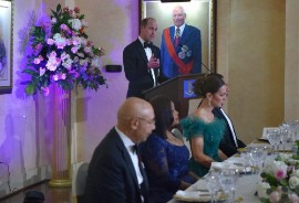 The Duke of Cambridge addresses the State dinner at King’s House. Listening (seated from left) are Governor-General Sir Patrick Allen and his wife Lady Allen; Her Royal Highness, the Duchess of Cambridge; and Prime Minister Andrew Holness.
