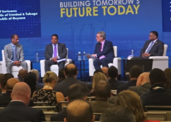Trinidad and Tobago Energy Minister Dr. Roodal Moonilal (second from left) during a panel discussion at the Guyana Energy Conference (CMC Photo)