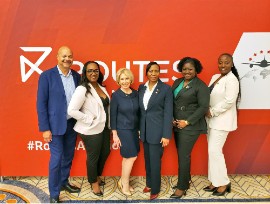 Pictured from left to right: Ellison “Tommy” Thompson, CEO, St. Kitts Tourism Authority (SKTA); Marsha Henderson, Tourism Minister of St. Kitts and Nevis; Candice Kimmel, Airlift Consultant, SKTA; Melnecia Marshall, Deputy CEO, SKTA; Adeola Moore, CEO, St. Christopher Air & Sea Ports Authority (SCASPA); and Ermelin Sebastian-Duggins, Chair, SKTA