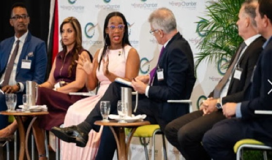 President of the Georgetown Chamber of Commerce and Industry (GCCI), Kathy Smith (center) in discussions with members of the Energy Chamber of Trinidad and Tobago.