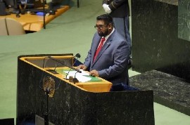 Guyana’s President Irfaan Ali delivering his maiden speech at the UN General Assembly on Thursday.