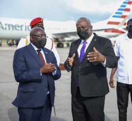 Vice President of Ghana, Dr. Mahamudu Bawumia (left) and Guyana’s Prime Minister Brigadier (re’td) (right) Mark Phillips at Saturday’s arrival ceremony at the Cheddi Jagan International Airport. (DPI photo)