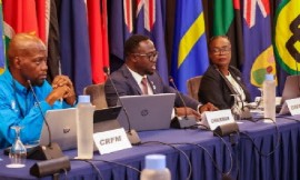 CRFM Council of Ministers chairman Randy Baltimore addressing the Council, flanked by CRFM Executive Director, Dr. Marc Williams (left), and Deputy Executive Director, Dr. Sandra Grant. (CARICOM Photo)