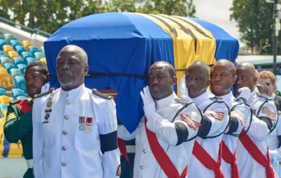 The casket of Sir Garfield Sobers being carried at Kensington Oval during his state funeral on Wednesday.