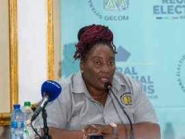GECOM’s public relations officer, Yolanda Ward, speaking at the news conference on Monday night (CMC Photo)