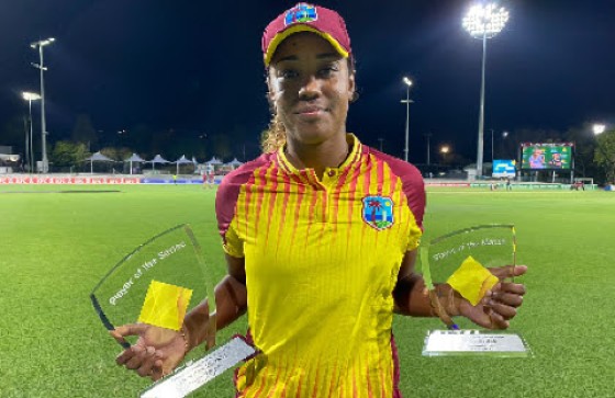 West Indies Women captain Hayley Matthews poses with her Player-of-the-Match and Player-of-the-Series awards. (Photo courtesy CWI Media)