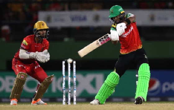 Shai Hope stylishly hits through the off side during his unbeaten fifty on Saturday night. (Photo courtesy CPLT20/Getty Images)