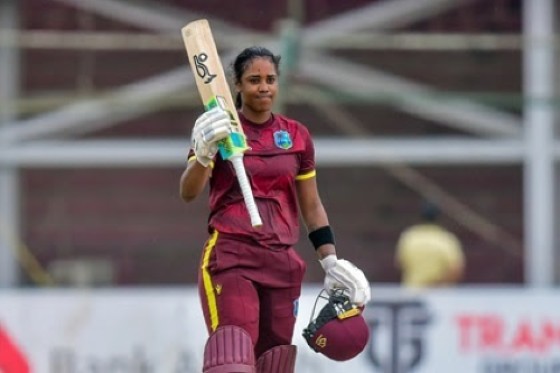 West Indies Women’s captain Hayley Matthews celebrates against hosts Pakistan Women after reaching her fifth One-day International hundred on Thursday in Karachi. (PCB photo)
