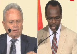 Colm Imbert (left) and Fitzgerald Hinds taking their oath of office on Monday