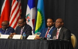 Left to right: Executive Director CARICOM IMPACS Col Michael Jones, Minister of National Security Fitzgerald Hinds, Dominica Republic Co-Chair Sterling Perez Maldonado, and U.S. Embassy Deputy Chief of Mission Shante Moore.