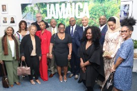 Minister of Tourism Edmund Bartlett, (centre) poses with Ambassador for Jamaica to the United States, Major General (Ret’d) Anthony Anderson, Deputy Director of Tourism, Philip Rose and members of the Diaspora in Washington D.C at a reception held at the Embassy of Jamaica on Wednesday.