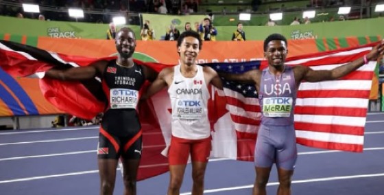 T&T’s Jereem Richards (left) captured bronze in the men’s 400 metres at the World Indoor Championships.