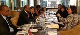 (GTRCM Special Meeting in Baku) Hon. Edmund Bartlett (2nd L), Minister of Tourism for Jamaica, listens attentively as Ms. Isabell Hill (right), Director, National Travel and Tourism Office, US Department of Commerce, makes a point about building resilience in the tourism sector.  The occasion was a special dinner meeting with some of the leading partners in the Global Tourism Resilience and Crisis Management Centre (GTRCM) to discuss projects and deliverables of the Centre. It was held at the Hilton Baku in Azerbaijan on Sunday (June 16) in the margins of the 110th United Nations World Tourism Organization (UNWTO) Executive Council Meeting, taking place June 16 – 18, 2019 in Baku.  Also pictured are (l-r) Hon. Didier Dogley, Minister of Tourism, Civil Aviation, Ports & Marine for the Seychelles; Ambassador Dho Young-Shim, a member of the GTRCM Board of Governors; Ms. Jennifer Griffith, Permanent Secretary, Ministry of Tourism, Jamaica; Ms. Elena Kountoura, a member of the European Union for Greece; and her Special Advisor, Mr. Spiros Pantos