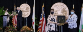 Miami-Dade County Commission Vice Chairwoman Rebeca Sosa presents a Key to the County to Mayor Carlos A. Gimenez and Chairwoman Rebeca Sosa for their years of service.  (Photos by Ryan Holloway and Armando Rodriguez / Miami-Dade County)