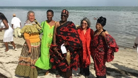 (L-R) Betty Osceola, Carmen Baker, Nana Kakrah, Development Chief of Dutch Komenda, Ghana, Miami-Dade County Commissioner Daniella Levine Cava, and DrFreddie Young aka Nana Ama Pogu, II. Dr. Young is the first African American to receive the title of palanquin of a Ghanaian tribe.   