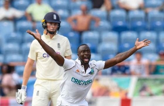 Kemar Roach appeals unsuccessfully for an lbw decision against Zak Crawley on Thursday.