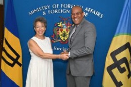 Minister of Foreign Affairs and Foreign Trade, Kerrie Symmonds welcomes the International Organization for Migration (IOM) Regional Director for Central and North America and the Caribbean (UN Migration), Michele Klein Solomon