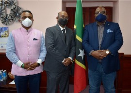 (L-R): His Excellency Dr. K. J. Srinivasa; Mr. Ramesh Mulkanoor as the new Honorary Consul (Designate) for the Republic of India to St. Kitts and Nevis; Prime Minister Dr. the Hon. Timothy Harris