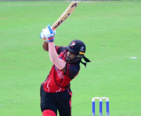 Kjorn Ottley hits out during his unbeaten hundred against Windward Islands Volcanoes on Thursday. (Photo courtesy CWI Media)