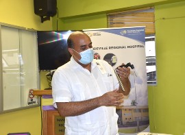 MRH ENT Consultant, Dr. Andrew Manning shows the use of one of the pieces of equipment donated to the hospital on Thursday, May 6.