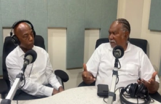 Premier Reuben Meade (Right) and dr. Hyginus ‘Gene’ Leon, the Executive Director of the Development Bank for Resilient Prosperity (DBRP), during the radio programme on Tuesday (CMC Photo)