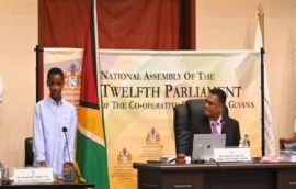 Guyana-born movie star, Letitia Wright, addressing the National Assembly on Monday (News Source photo)