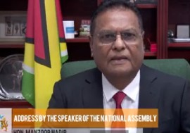 Speaker of the National Assembly, Manzoor Nadir, during his address to the Guyana population on Tuesday night (CMC PHoto)