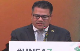 Jamaica’s Minister of Water, Environment, and Climate Change, Matthew Samuda, giving his acceptance speech after being elected president of the United Nations Environment Assembly (UNEA) on Friday (CMC Photo)