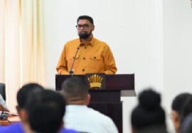 President Dr. Irfaan Ali addressing medical practitioners on Friday (DPI Photo)