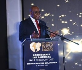 Hon. Edmund Bartlett, Minister of Tourism, Jamaica, addressed key tourism stakeholders and awardees at the World Travel Awards Caribbean & The Americas 2022 Gala Ceremony held at Sandals Montego Bay on August 31.