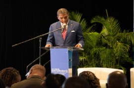 Prime Minister Dr. Terrance Drew addressing the opening of the Global Sustainable Islands Summit 2025 (GSIS)