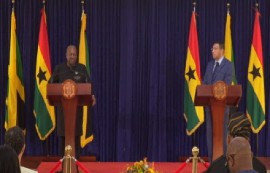 Visiting Ghanian President, John Dramani Mahama and Prime Minister Andrew Holness, speaking following their bilateral discussions on Monday (CMC Photo)