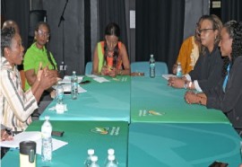Minister of Agriculture, Food and Nutritional Security, Dr. Shantal Munro-Knight (left), in discussion with St.. Lucia’s Minister for Agriculture, Fisheries, Food Security and Sustainable Development, Senator Lisa Jawahir (right) during a courtesy call at the National Agricultural Exhibition.
