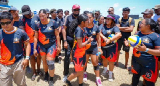 President Dr Mohamed Irfaan Ali (centre) interacting with athletes from Region Nine while attending the 2025 Heritage Games on Saturday.