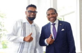 President Irfaan Ali (left) and Prime Minister Dr. Terrance Drew at the CARICOM summit in St. Kitts and Nevis last week