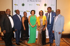 Jamaica’s Ambassador to the United States Her Excellency Audrey Marks (Center) with fellow awardees. From left are Dr Robert Clarke, Oliver Samuels, Debra Sims, Congresswoman Yvette Clarke, Cecile Wright and Irwine Clare. They were awarded by the Jamaican Organization of New Jersey (JON-J) at the organization’s 25th anniversary gala and Jamaica’s 61st anniversary celebrations at the Newark Airport Marriott Hotel in New Jersey on Saturday August 26, 2023. (Photo by Derrick Scott)