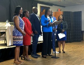 From left to right: Guithele Ruiz-Nicolas, community leader and Haitian-American advocate; Miami-Dade County Commissioner Marleine Bastien; State Representative Wallace Aristide; State Representative Marie Woodson; North Miami Mayor Alix Desulme; and Aude M.L. Sicard, Recording Secretary of the Broward Democratic Executive Committee. 