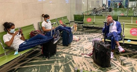 Members of the West Indies Women’s squad at the airport in Oman.