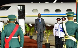 President of the Republic of Rwanda, His Excellency, Paul Kagame, arriving in Barbados. (C. Pitt/BGIS)
