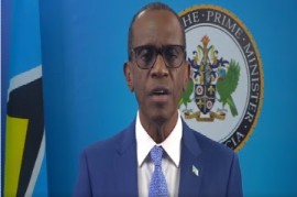 Prime Minister Phillip J. Pierre addressing the nation on its 43rd anniversary of independence (CMC Photo)