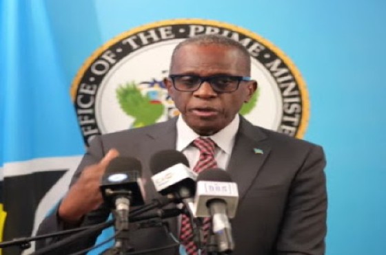 Prime Minister Phillip J Pierre speaking at the post Cabinet news conference on Monday (CMC Photo