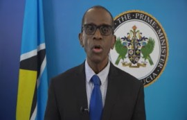 Prime Minister Phillip J. Pierre addressing the nation on Thursday night (CMC Photo)