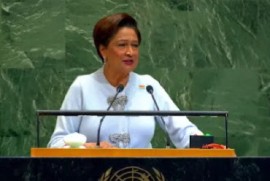 Prime Minister Kamla Persad Bissessar addressing the United Nations General Assembly last month (File Photo)