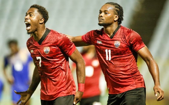 Noah Powder and Levi Garcia celebrate Trinidad and Tobago’s 4-1 victory over St. Vincent and the Grenadines in League B, Group C action on Monday night. (Photo: CONCACAF)