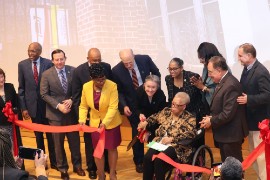 Retired Maryland senator, Hon. Shirley Nathan-Pulliam, cuts the ribbon declaring open the University of Maryland School of Nursing’s multimillion dollar new wing bearing her name. She is assisted by the Dean of the School of Nursing, Dr. Jane Kirshling. Besides Dr. Kirshling is Speaker of the Maryland House of Delegates Adrienne Jones.   Mrs. Nathan-Pulliam is joined by university officials state and local Baltimore leaders on hand to witness the inauguration of the new School of Nursing wing.  The ceremony was held at the University’s Baltimore campus on Monday, January 30, 2023. (Photo by Derrick A Scott)