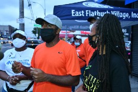 Randolph Waterman of East Flatbush Village, Inc at a rally in 2020 on Utica Avenue and Church Avenue calling for the violence to end. (Photo by Lloyd Mitchell)