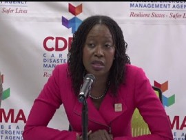 CDEMA executive director, Elizabeth Riley, speaking to reporters on Wednesday (CMC Photo)