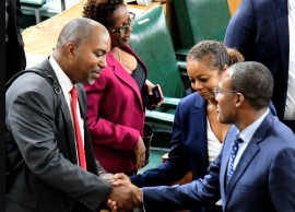 Opposition Spokesperson on Finance, Planning and the Public Service, Julian Robinson (left) and Minister of Finance and the Public Service Dr Nigel Clarke (right) greet each other in the House of Representatives. (JIS Photo)
